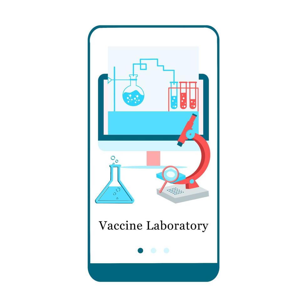 Application design for Vaccine Laboratory, Vaccine Research and Vaccination, Medical Research. UI onboarding screen design. Isometric onboard mobile app template page. Modern flat vector illustration.