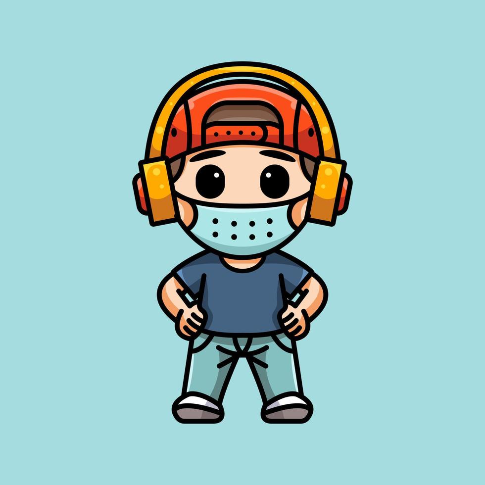 CUTE BOY WITH HEADPHONE AND MASK FOR ICON, LOGO, AND ILLUSTRATION. vector