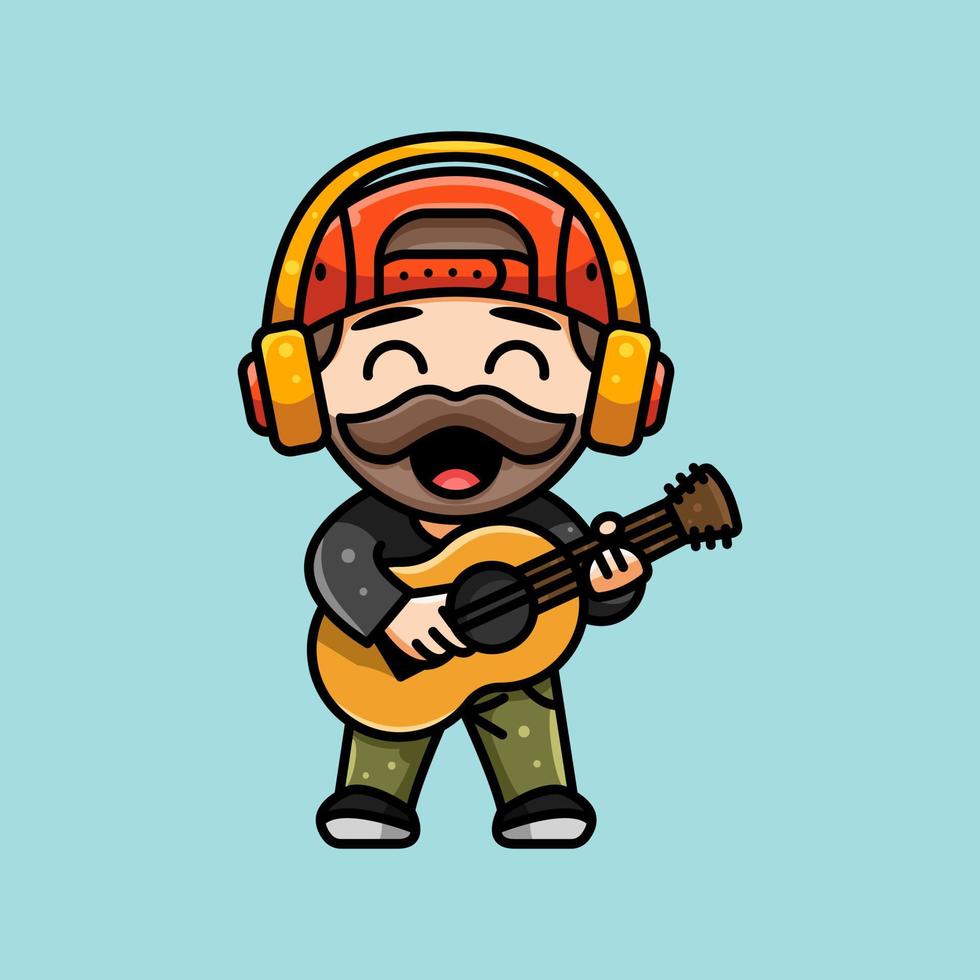 CUTE GUITARIST WITH HEADPHONE FOR LOGO, ICON, AND ILLUSTRATION. vector
