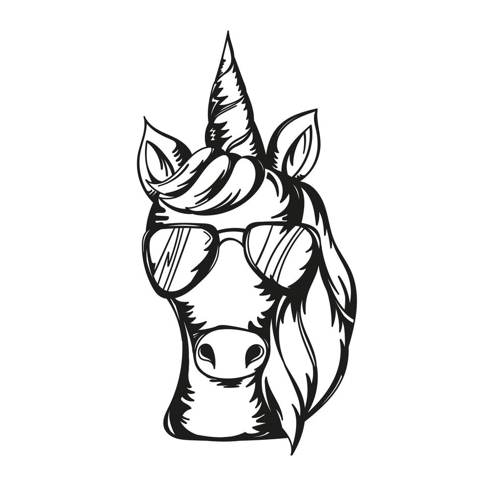 Ilustración de vector de cara de unicornio lindo con gafas de sol.