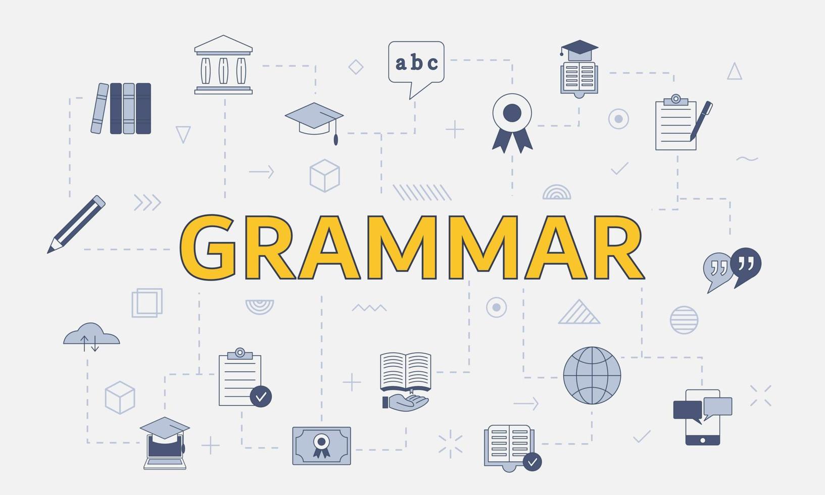 concepto de gramática con conjunto de iconos con gran palabra o texto en el centro vector