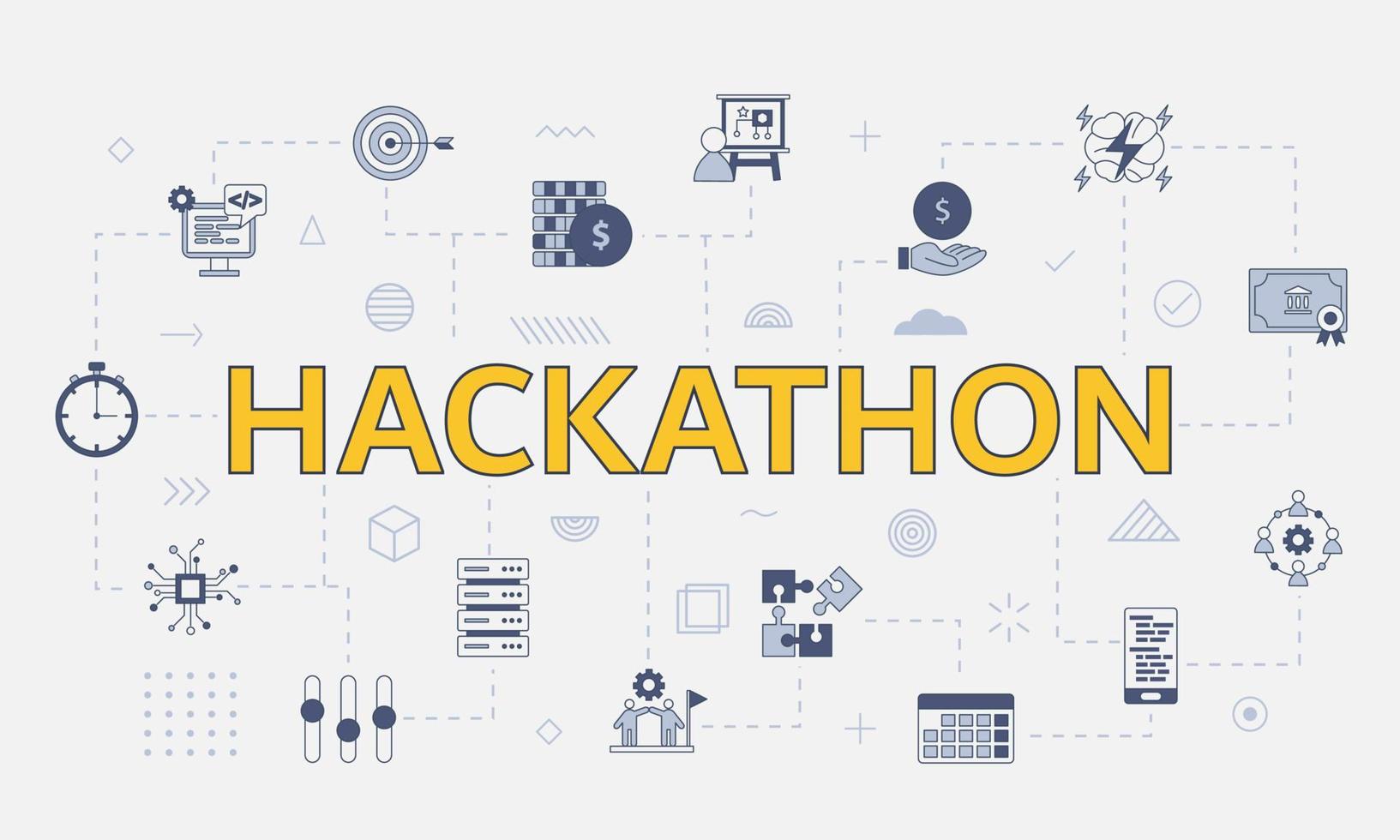 concepto de hackathon con conjunto de iconos con gran palabra o texto en el centro vector