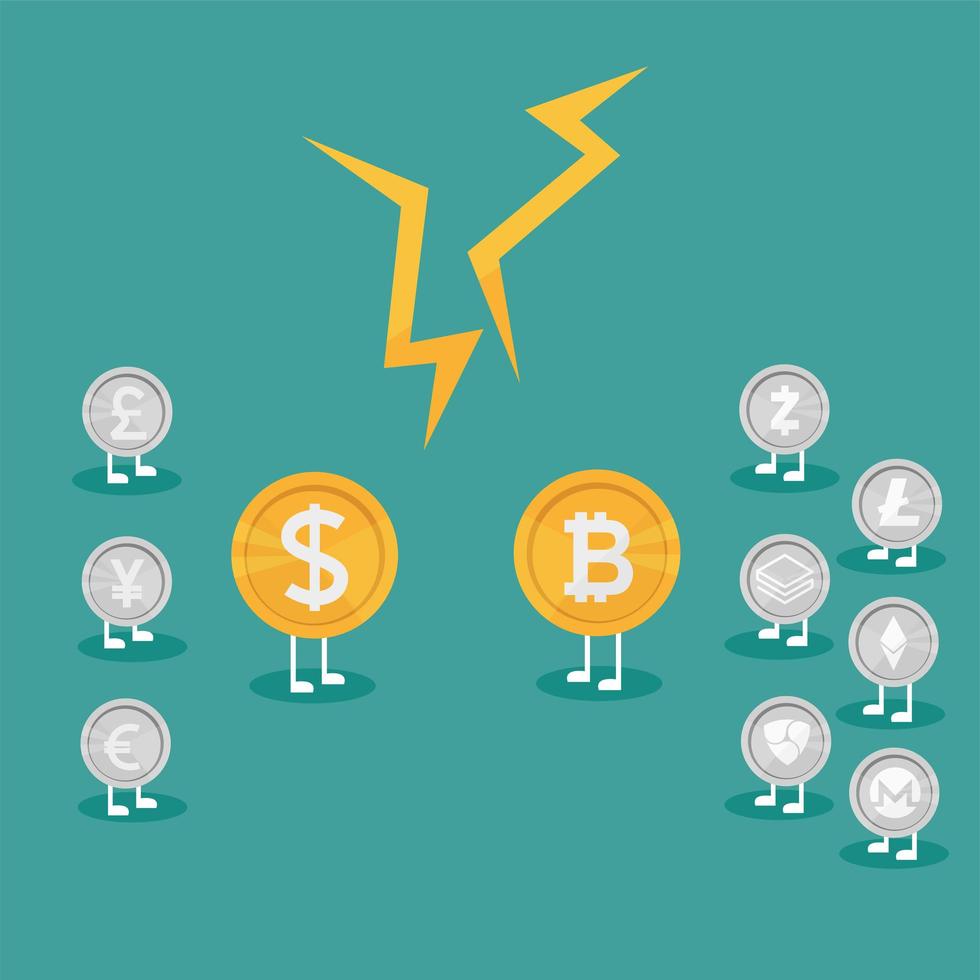 Real money vs Bitcoin virtual money. Crypto Currency Growing concept