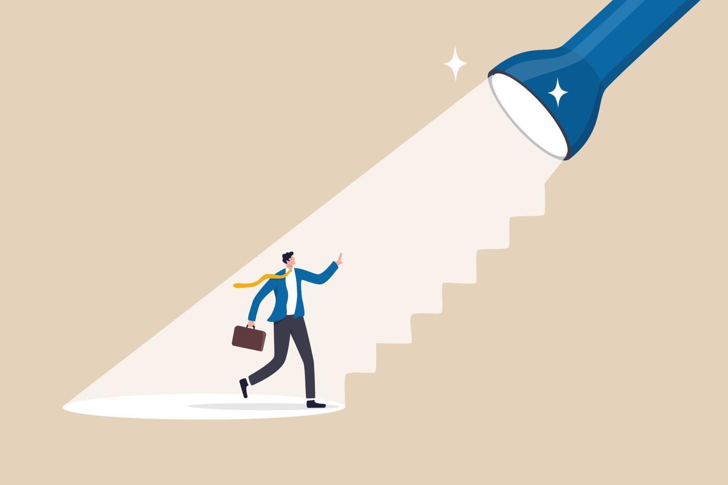 Spotlight to guide career success, recruitment or HR finding candidate or talent, opportunity or career growth, ladder of success concept, businessman walk up flashlight with staircase light beam. vector