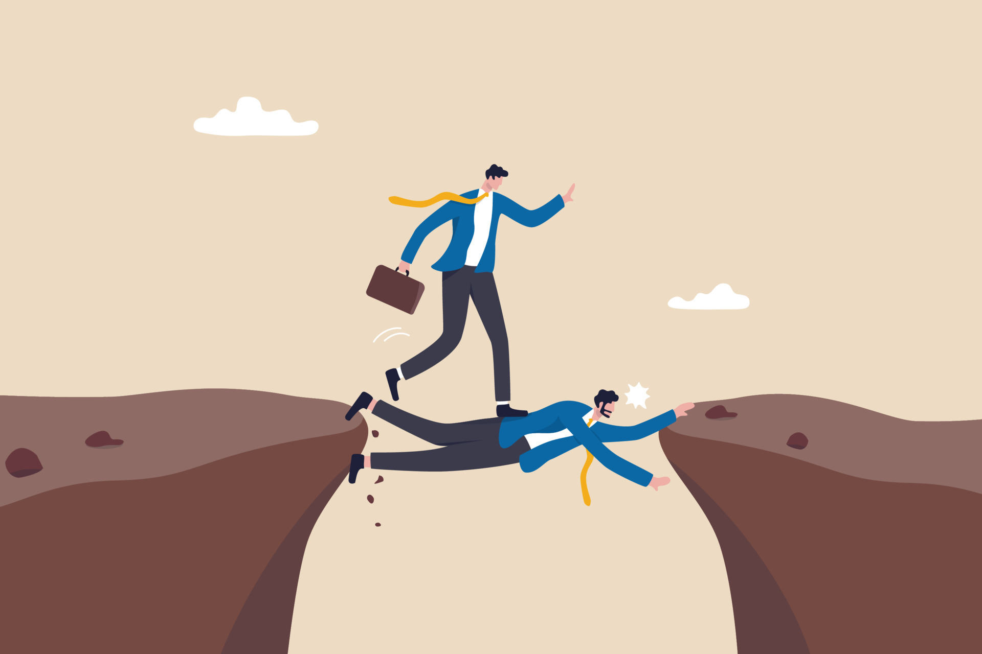 Selfish Employee Take Advantage Of Other People, Supporting Boss Help Other  To Achieve Career Success Concept, Strong Business Manager Use Himself As  Human Bridge For Other To Get Pass The Cliff. 4581121