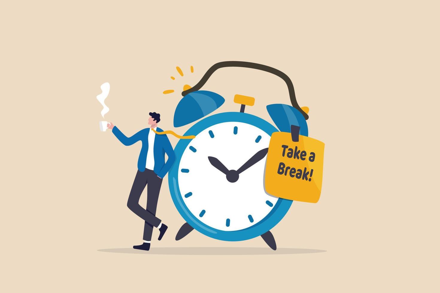 Time to take a break, coffee break time to relax and refresh from long stress interval, free from bored, sleepy and fatigue concept, relax businessman with a cup of coffee or tea with alarm clock. vector