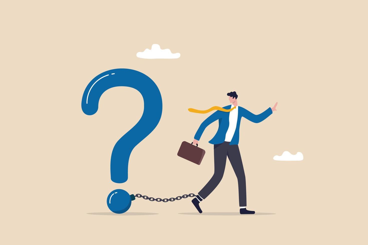 Unanswered question, problem or difficulty, hard questions or unsolvable quest concept, frustrated businessman chained with huge large question mark burden. vector