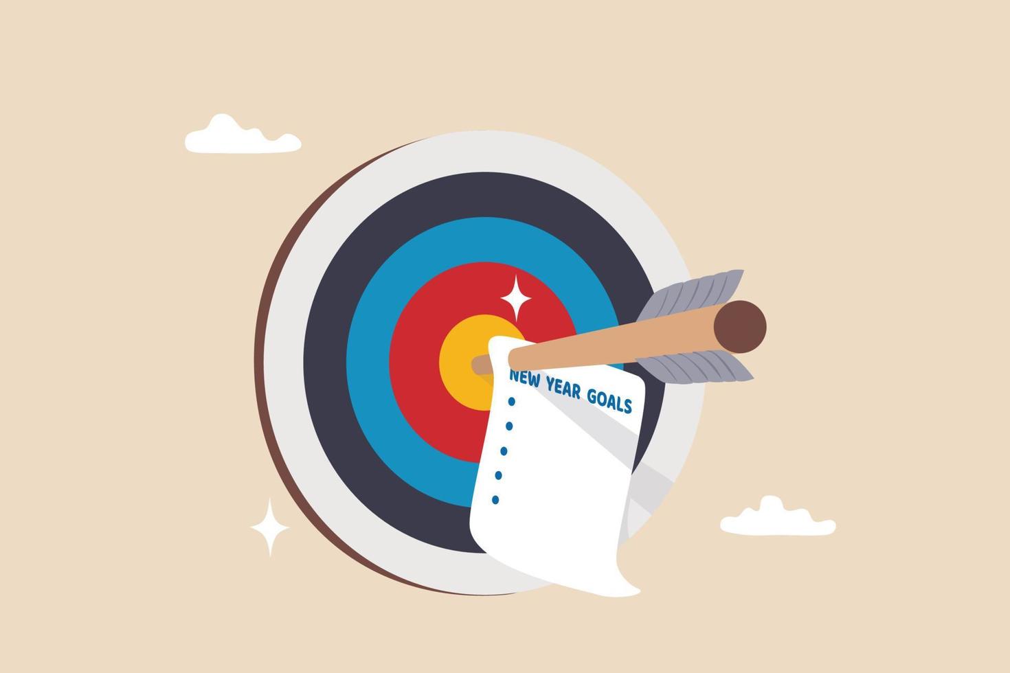 Set new year goals, target or resolution at the beginning of the year, determination or inspiration to improve and success concept, archer arrow with paper writing new year goals on bullseye target. vector