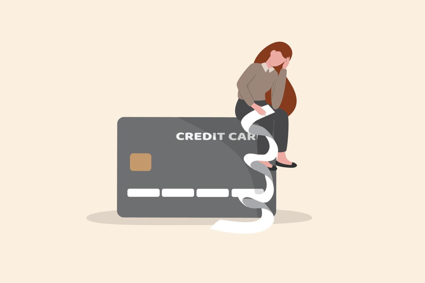 Credit card debt problem, overspend or shopping trouble, consumerism or buying addicted causing financial problem concept, hopeless woman sitting with long list overdue bills on credit card. vector