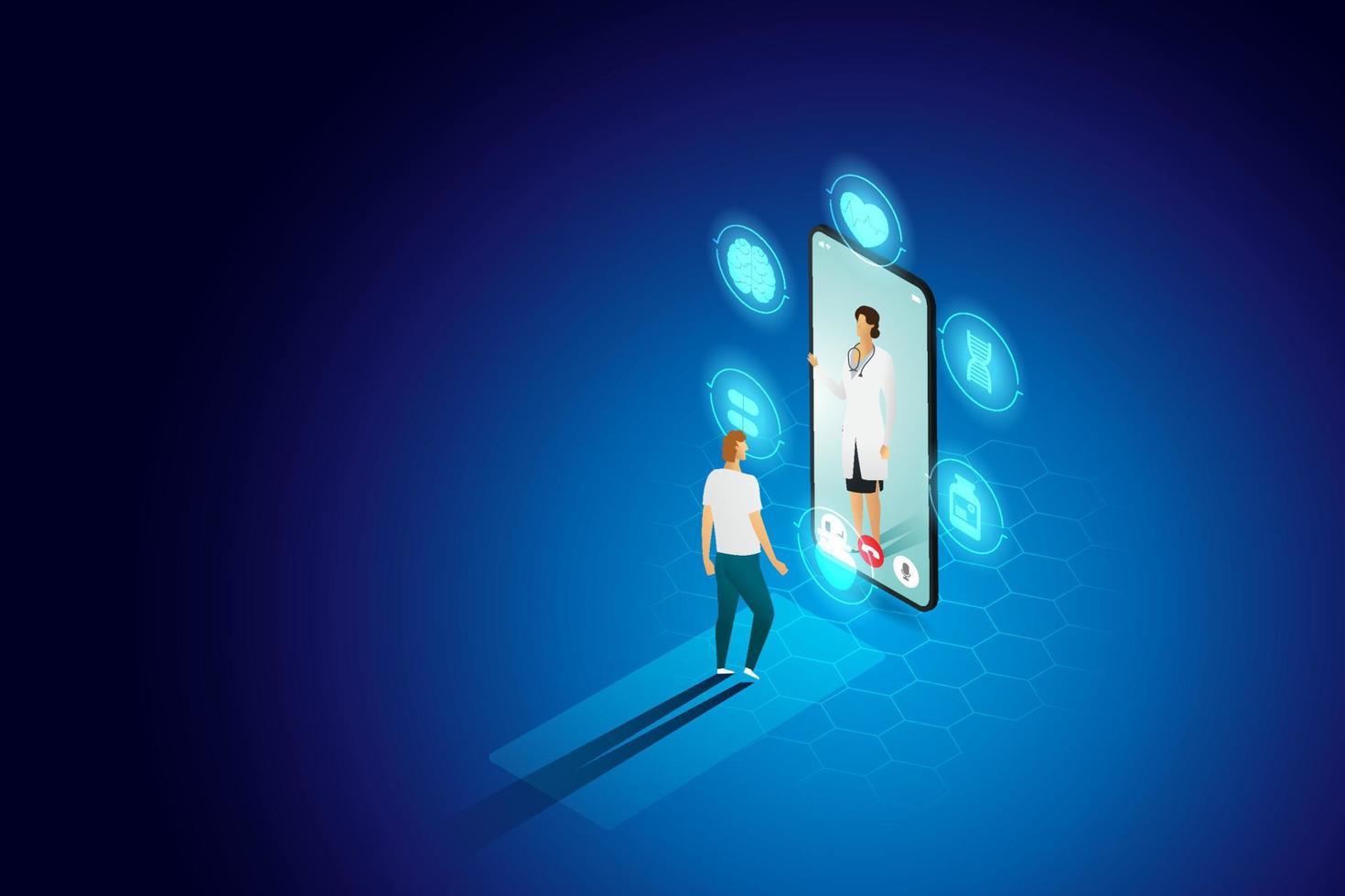 Patients with doctors via smartphone and icon medical. vector