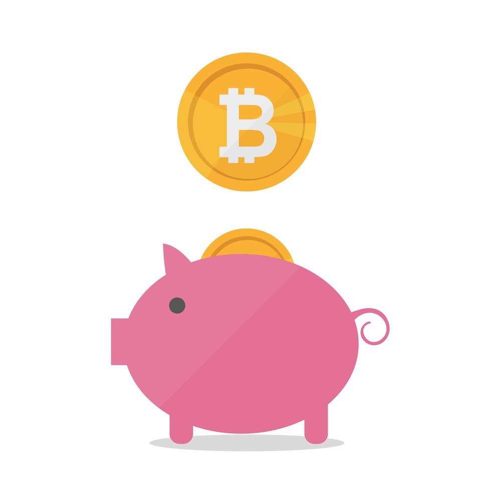 Pig money box with falling bitcoins. Vector flat design banner concept