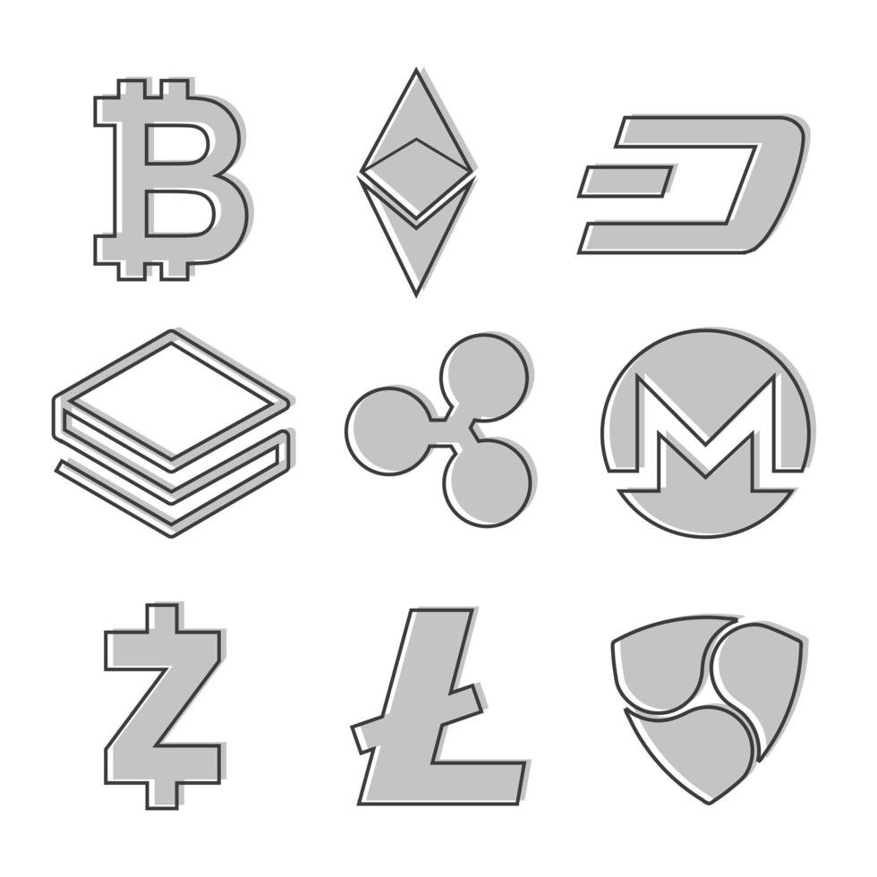 conjunto de iconos de criptomonedas. diseño de línea en color gris. vector