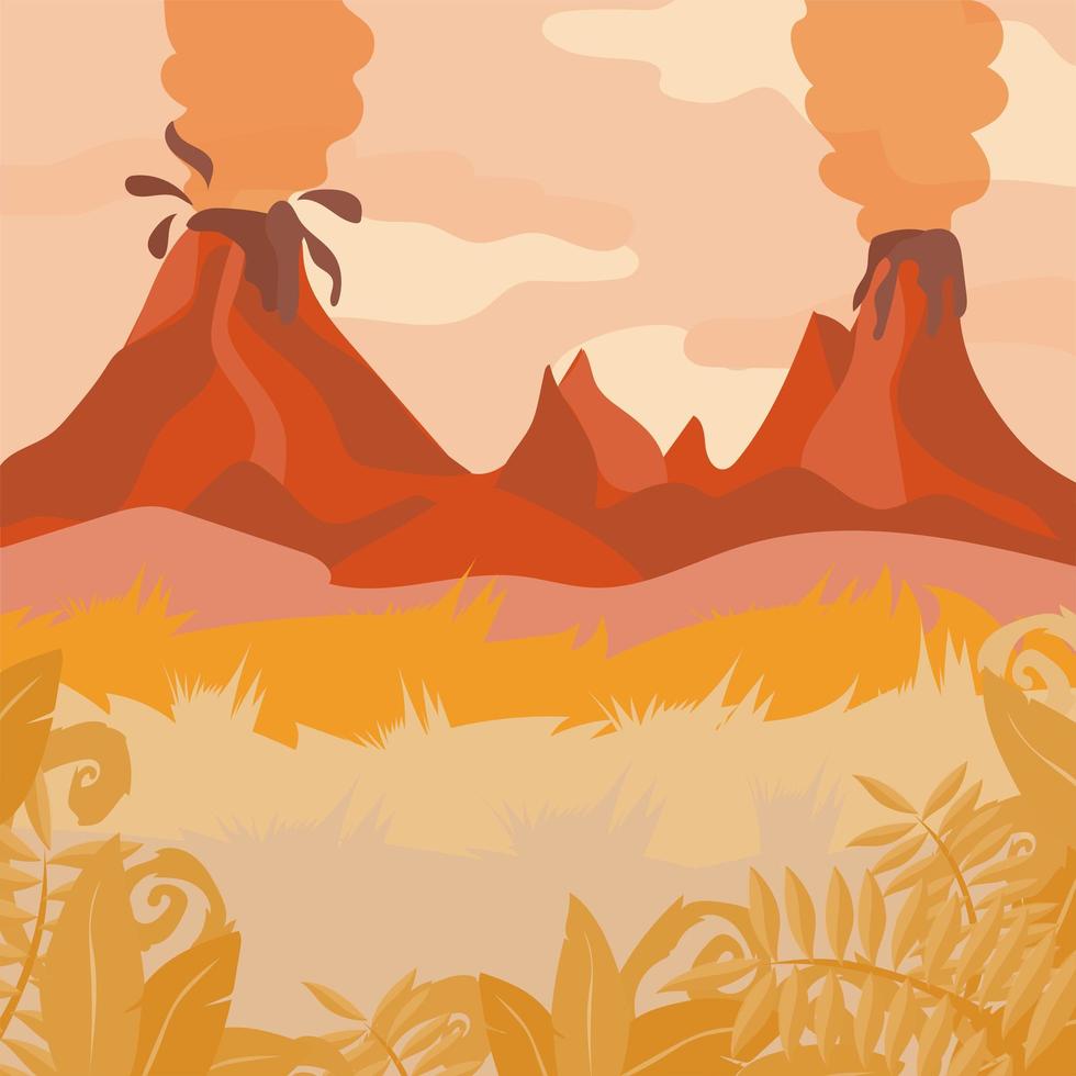 Un paisaje de bosque rojo con volcán y plantas de la jungla. vector