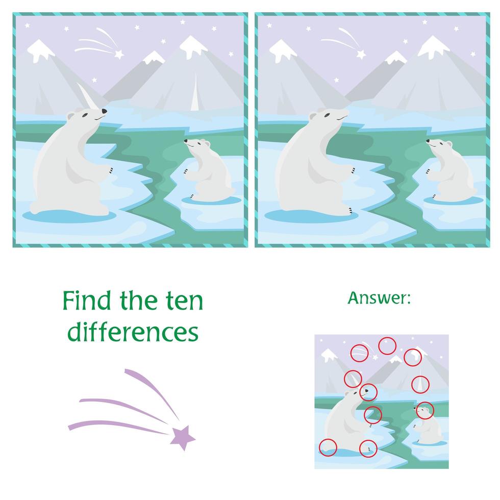 Educational game. Find differences. Mother polar bear with her little cute babie vector