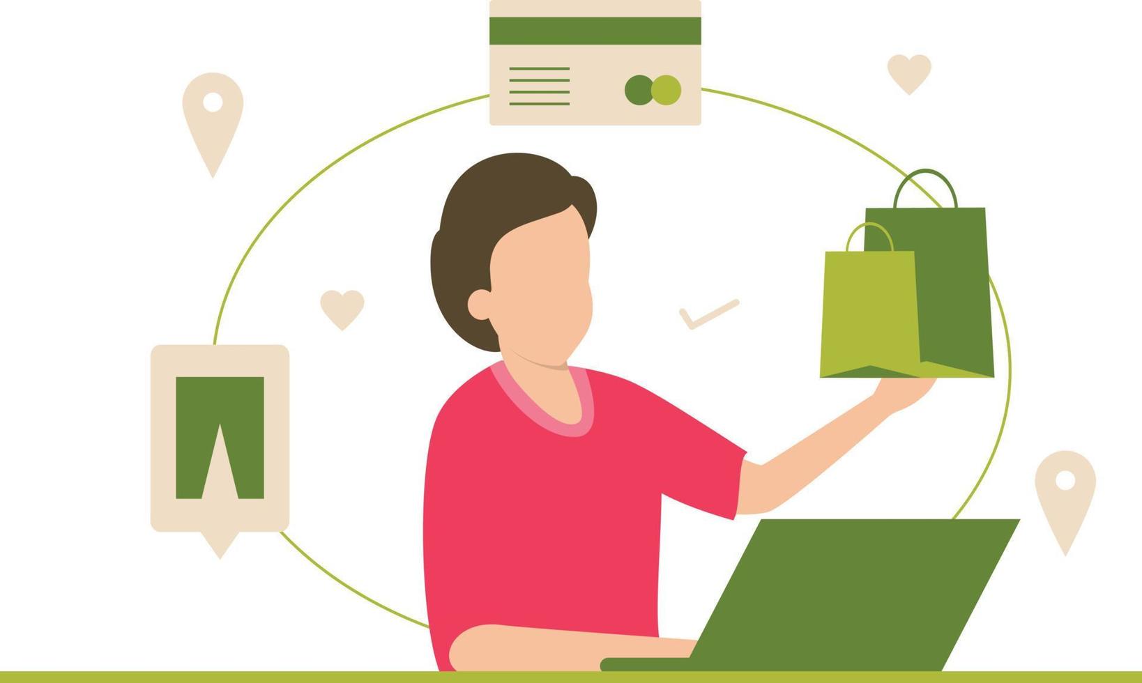 A boy doing online shopping and buy things. vector