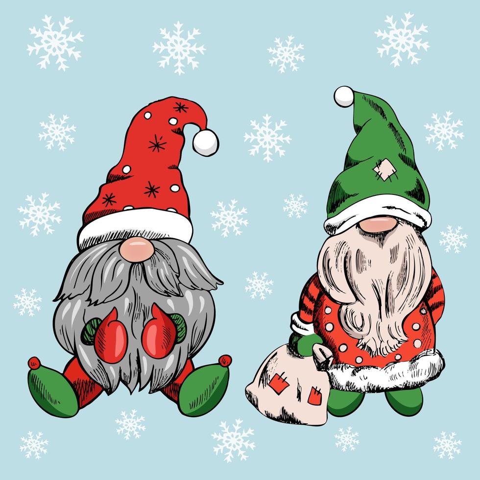 A set of hand-drawn gnomes for the New Year and Christmas with snowflakes on a blue background.. Vintage vector illustration. New Year, and Christmas illustration.