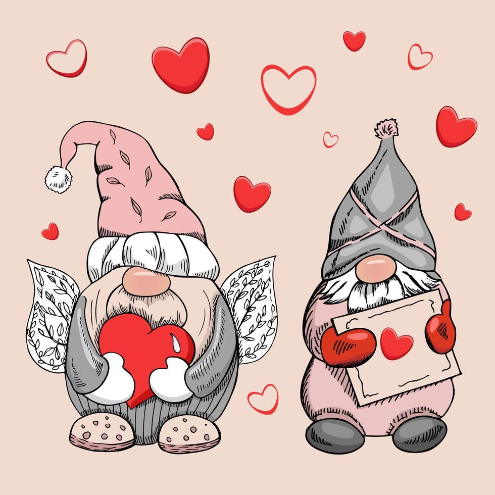 A hand-drawn gnomes for valentine's day. The Scandinavian gnomes with hearts isolated on the pink background. Vintage vector illustration.