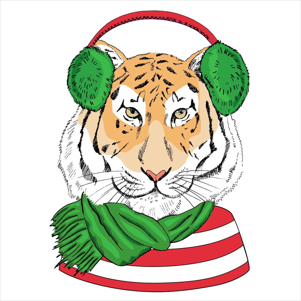 Hand - drawn portrait of a New Year tiger in a scarf, fur headphones and striped sweater. Vector illustration. Vintage line sketch. Christmas illustration. Tiger in clothes.