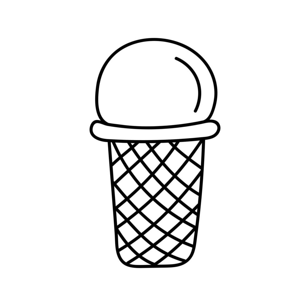 Hand-drawn ice cream in a waffle cup in doodle style. vector