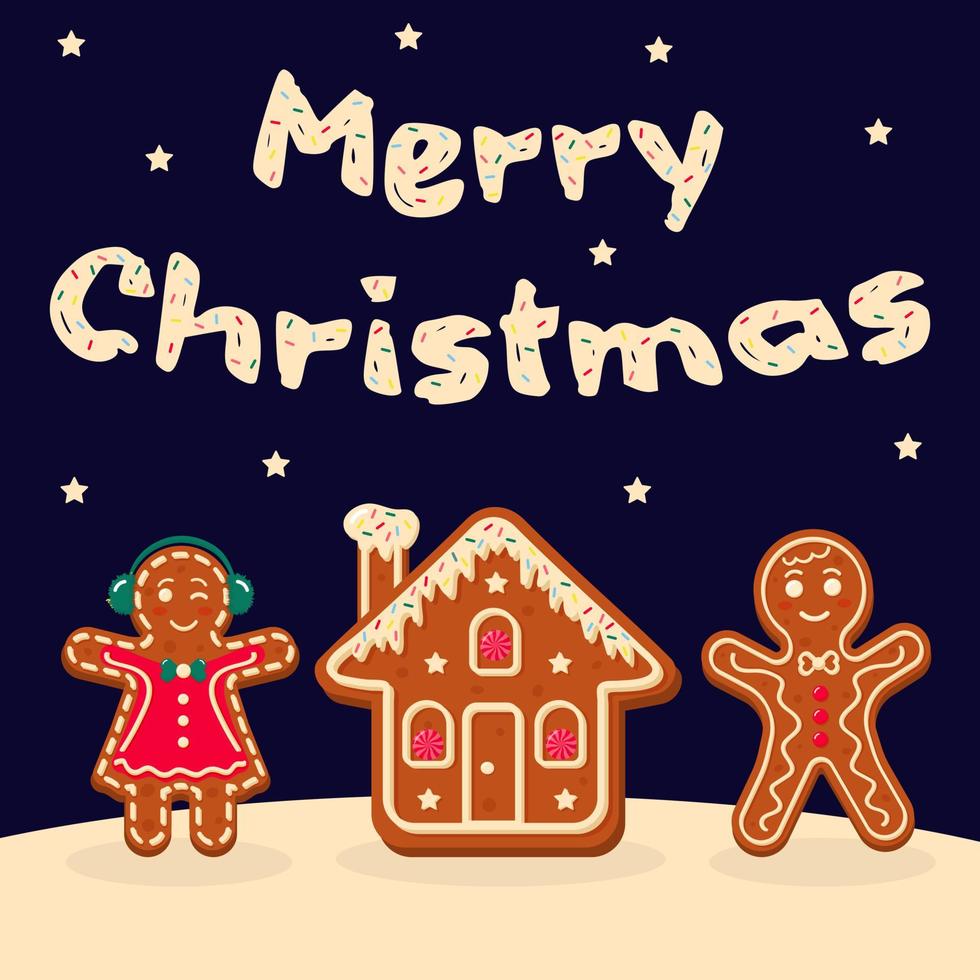 Merry Christmas text with gingerbread men and house. vector