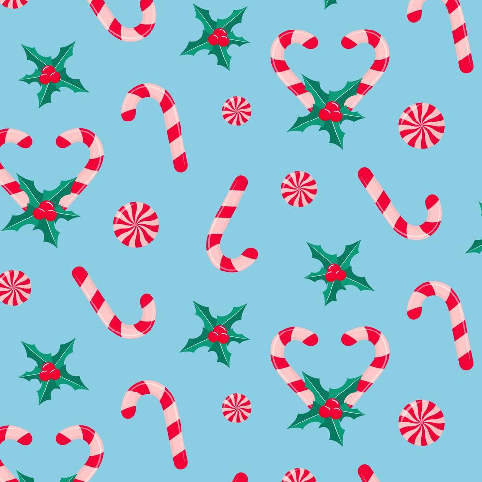 Romantic Christmas pattern with candy canes, holly leaves and berries, peppermint swirl candies. vector