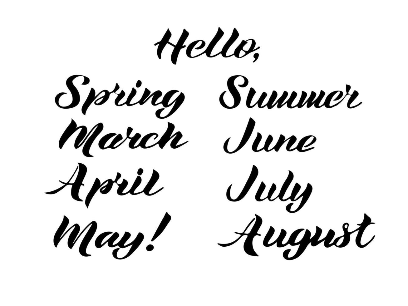 Vector illustration. Set of Spring, Sammer, March, April, May, June, July, August lettering.