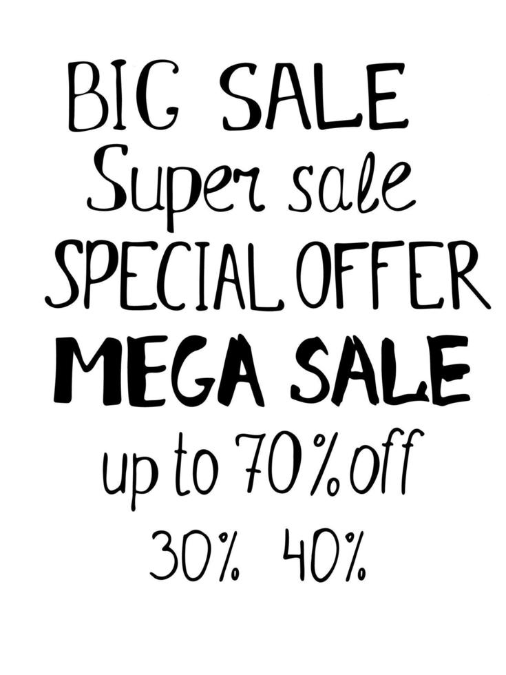 Vector illustration. Set of handdrown lettering. Sale, super sale, special offer, mega sale.