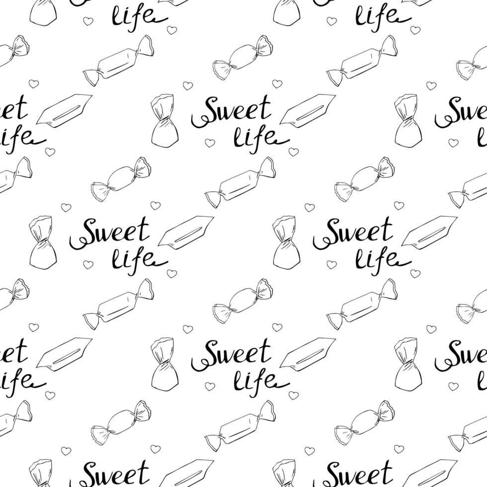 Candy doodle samless patteern. Sweet life lettering. Vector illustration.