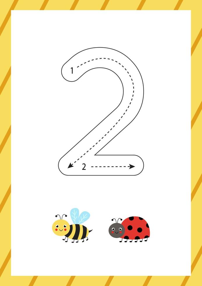 Cute flashcard how to write number 2. Worksheet for kids. vector