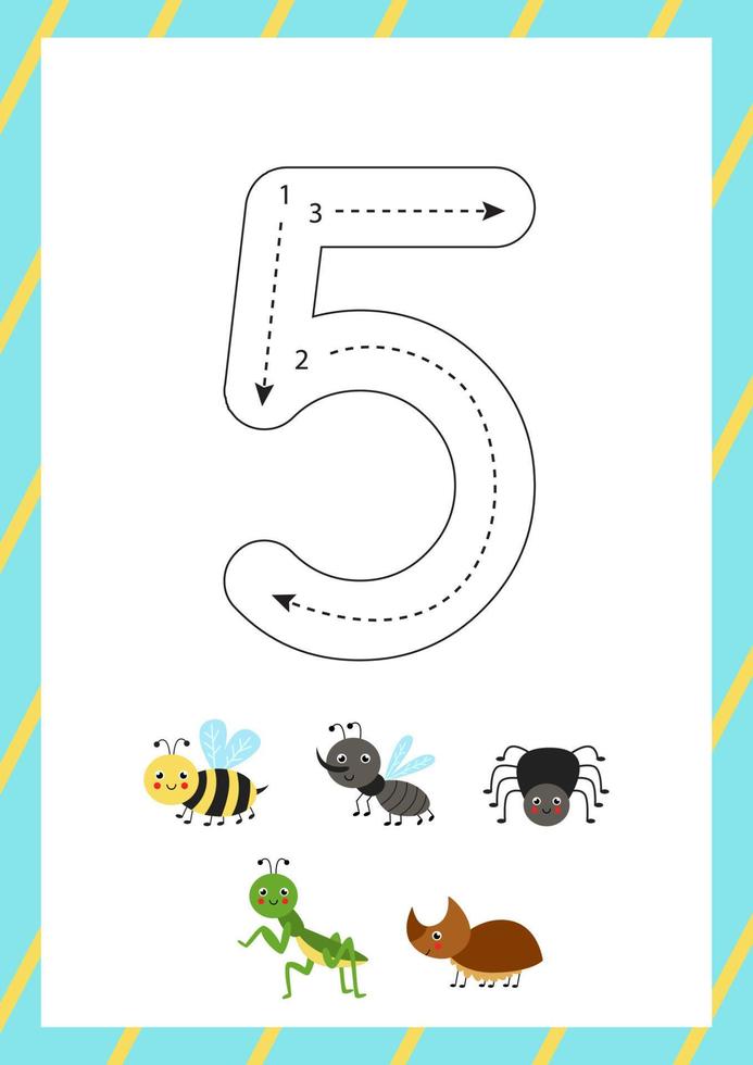 Cute flashcard how to write number 5. Worksheet for kids. vector