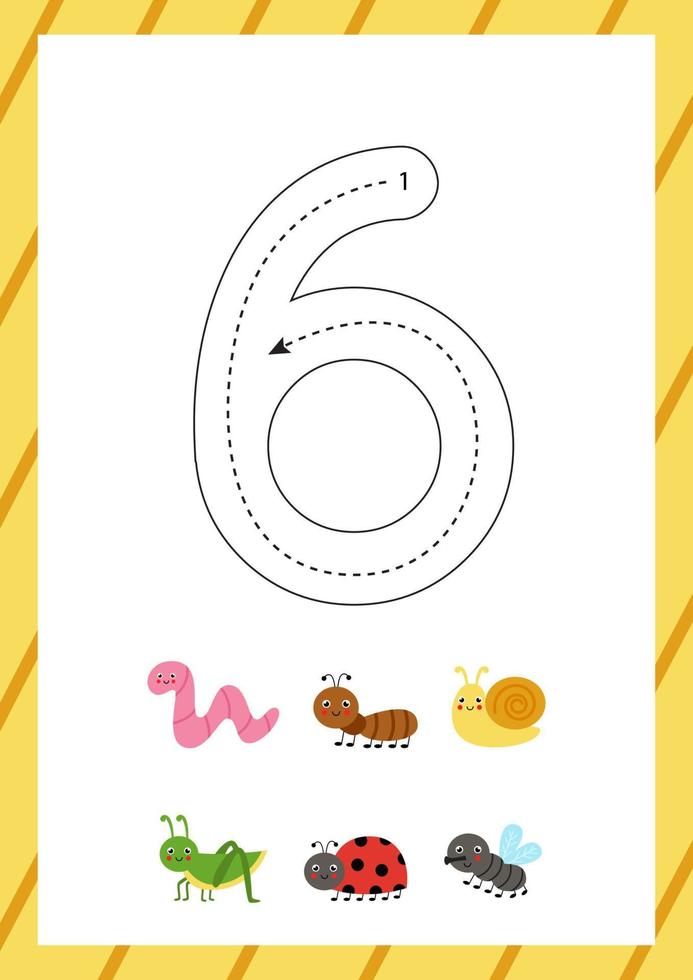 Cute flashcard how to write number 6. Worksheet for kids. vector