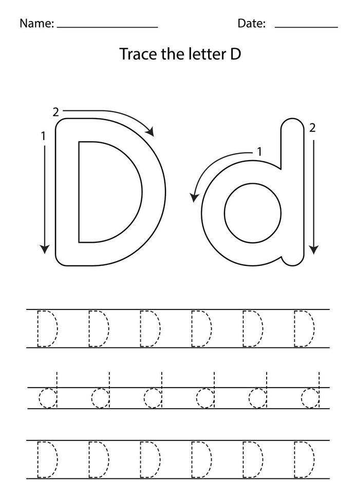 Learning English alphabet for kids. How to write letter D. vector