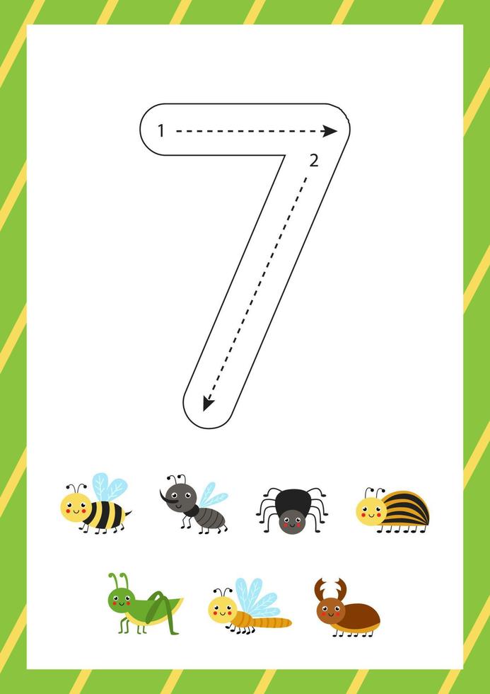 Cute flashcard how to write number 7. Worksheet for kids. vector