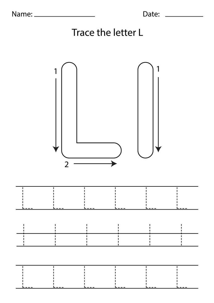 Learning English alphabet for kids. How to write letter L. vector