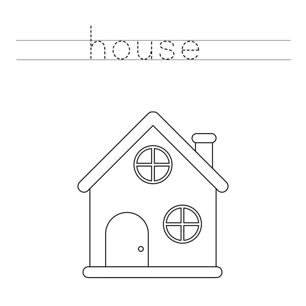 Trace word and color cute cartoon house. vector