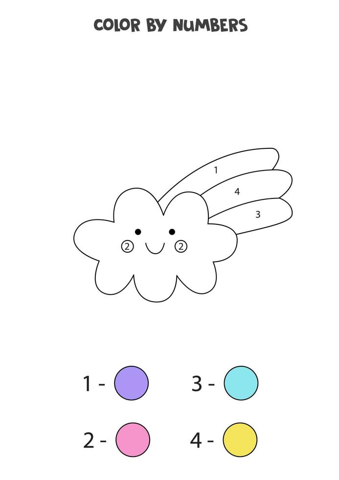 Color cute rainbow cloud by numbers. Worksheet for kids. vector