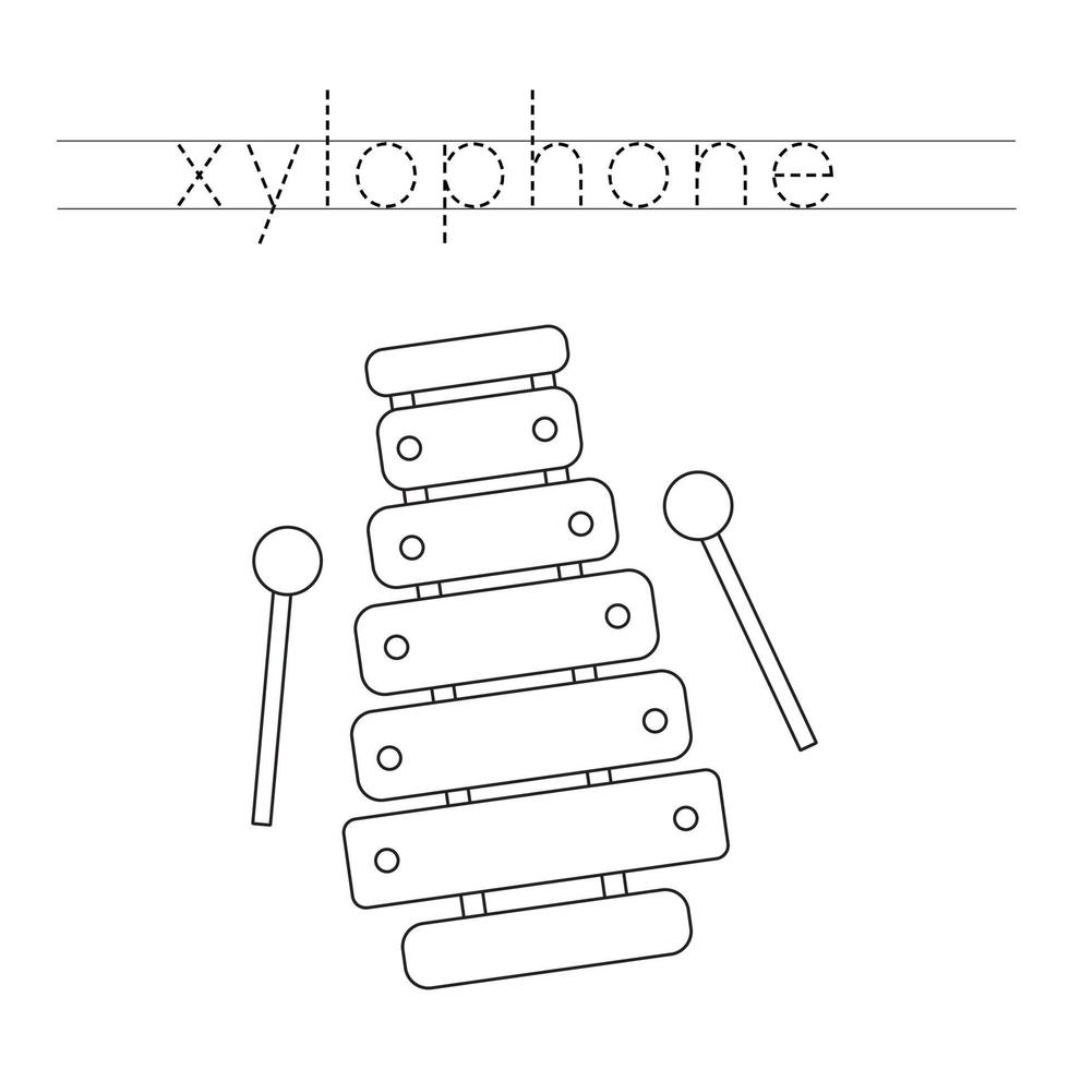 Trace word and color cartoon xylophone. vector