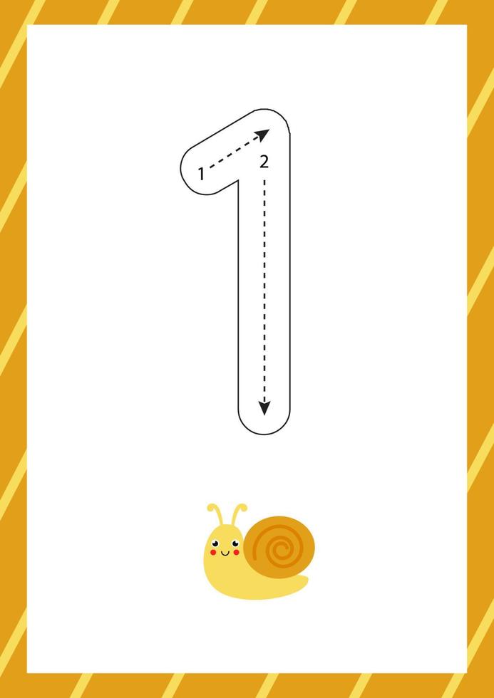 Cute flashcard how to write number 1. Worksheet for kids. vector