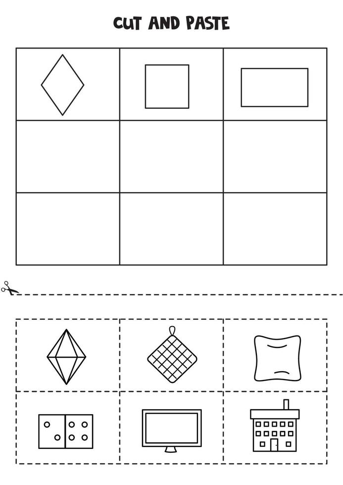 Cut and paste geometrical shapes. Black and white worksheet. vector