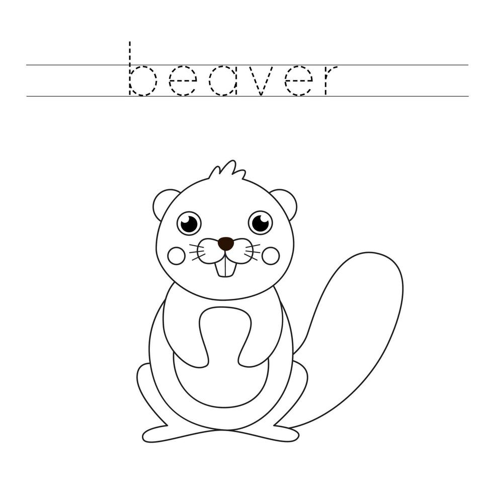 Trace word and color cute cartoon beaver. vector