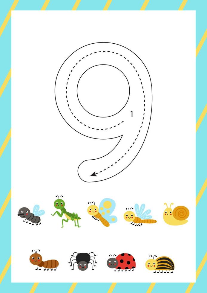 Cute flashcard how to write number 9. Worksheet for kids. vector