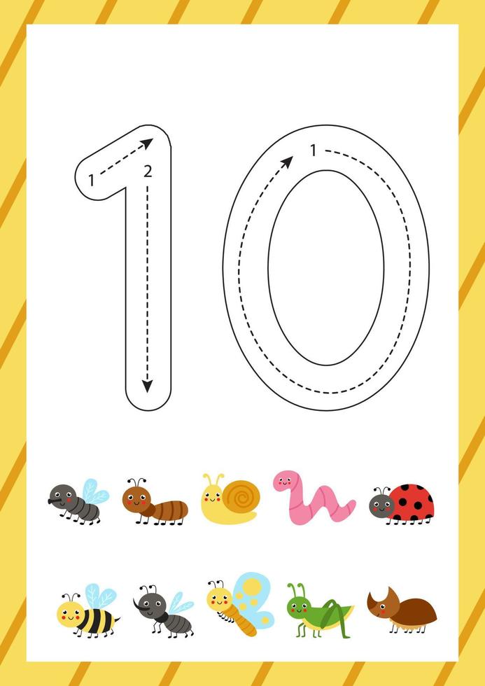 Cute flashcard how to write number 10. Worksheet for kids. vector