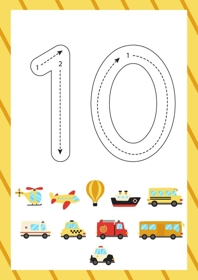 Cute flashcard how to write number 10. Worksheet for kids. vector