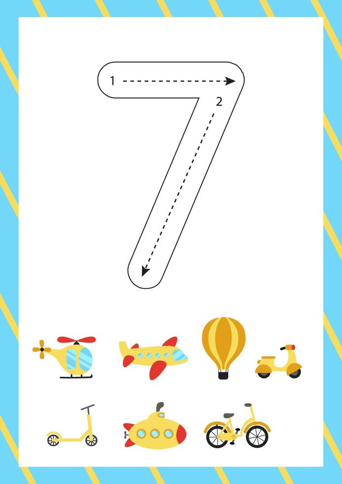 Cute flashcard how to write number 7. Worksheet for kids. vector