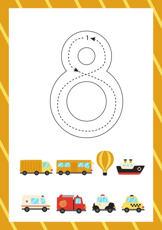 Cute flashcard how to write number 8. Worksheet for kids. vector
