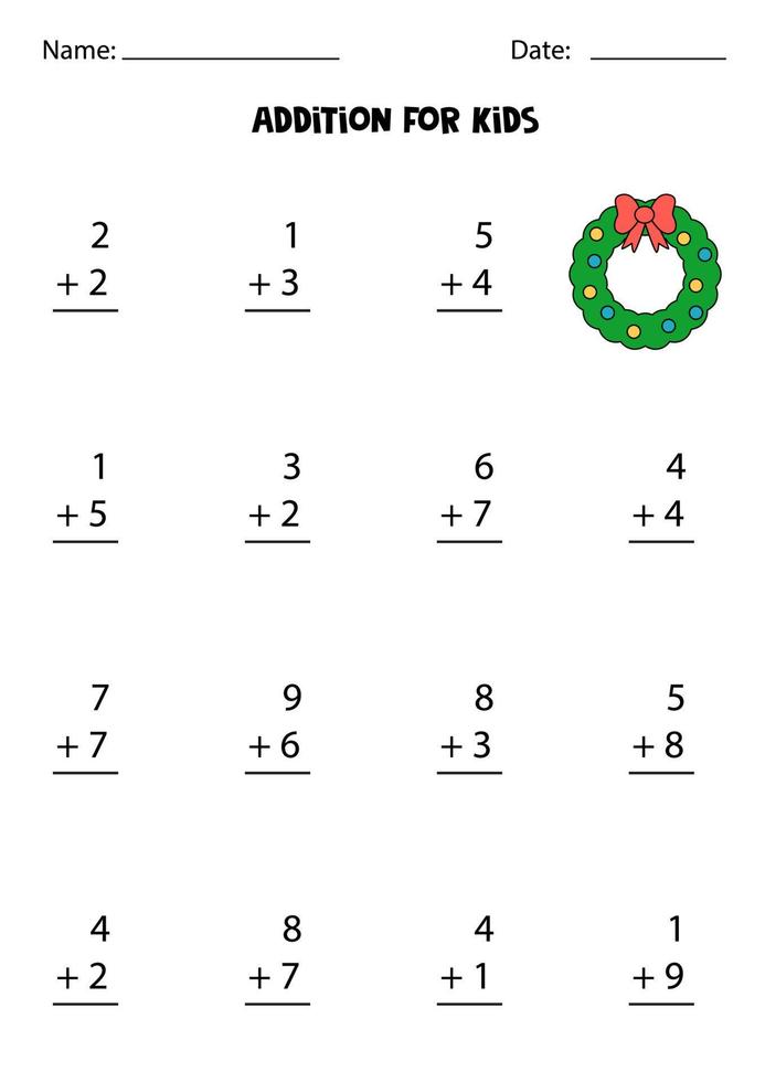 Addition worksheet with cartoon wreath. Math game. vector