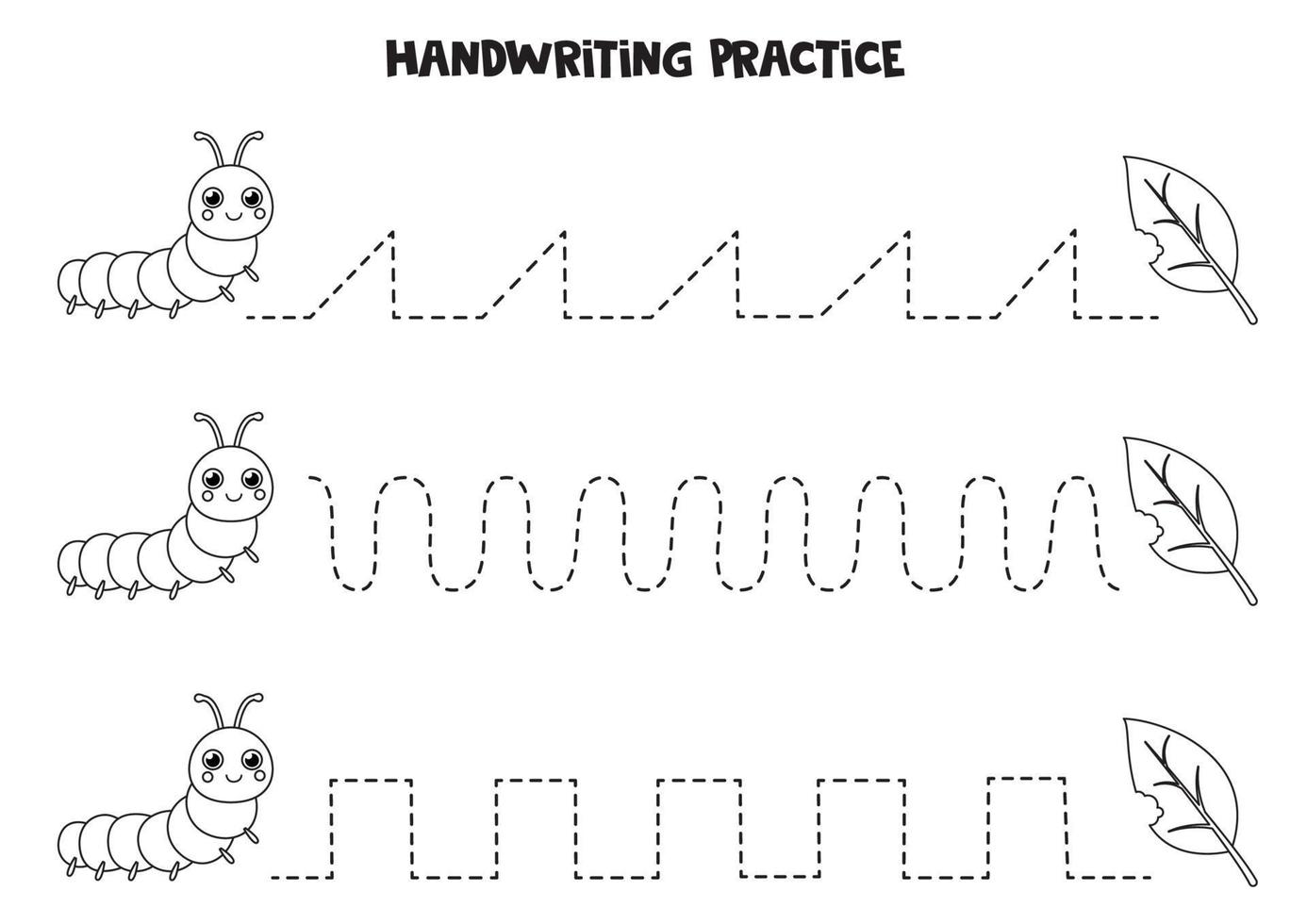 Tracing lines with cute caterpillar and leaves. Writing practice. vector