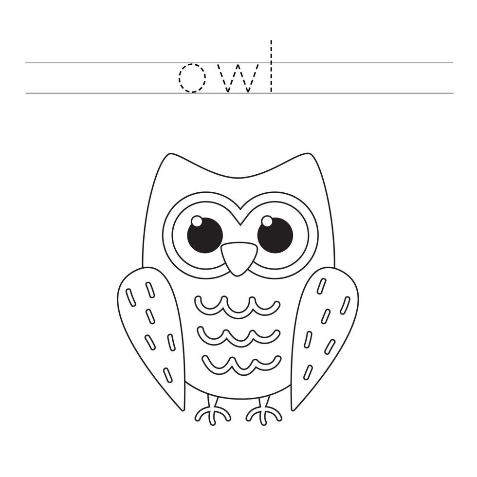 Trace word and color cute cartoon owl. vector