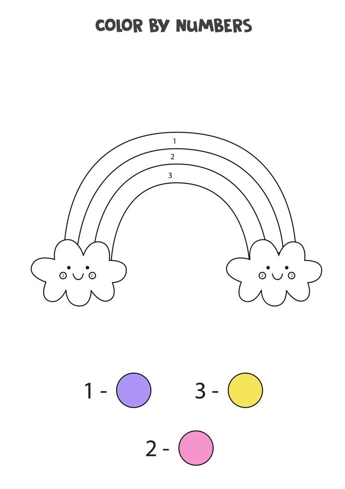 Color cute rainbow by numbers. Worksheet for kids. vector