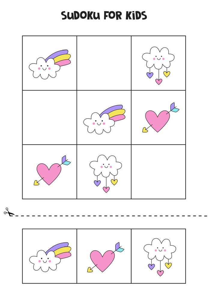 Sudoku game with cute clouds for girls. vector